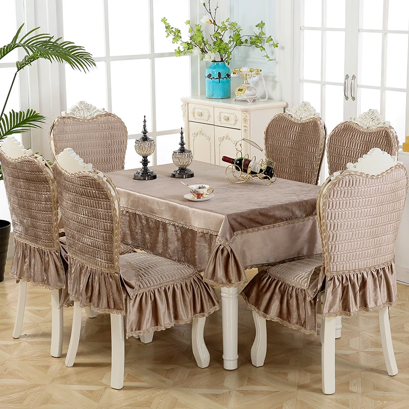 High Grade Luxurious Chenille\Linen Dining Table cloth set 1PCS Lace Tablecloth Round ectangle 6PCS Chair Cover Bundle Sale