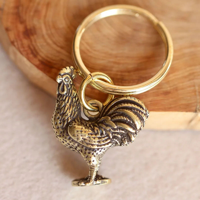 Handmade Brass Rooster Keychains Copper Chinese Zodiac Chicken Bag Hanging Pendant Car Key Rings Gifts