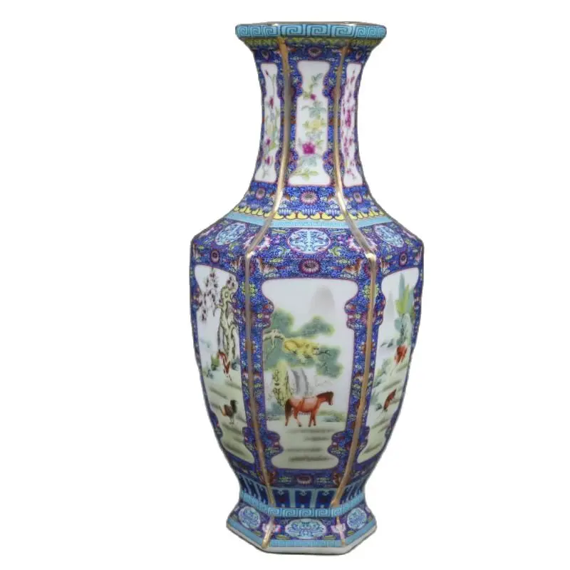 Chinese Old Enamel Colored Porcelain Hexagonal Bottle Of The Twelve Zodiac Vase