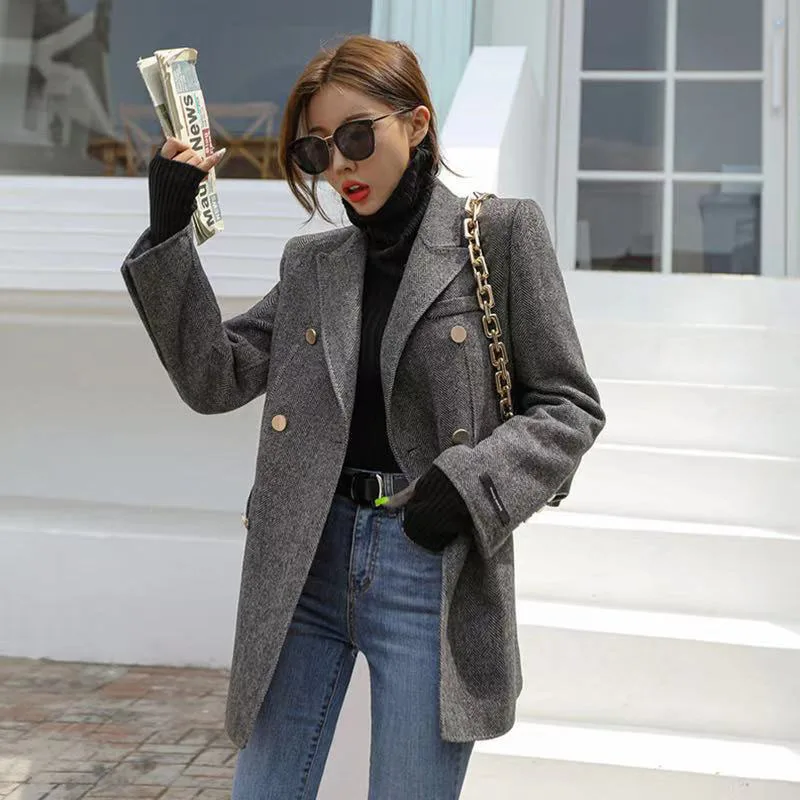 Korean Style Women Gray Woolen Suit Coats Autumn Winter Thicken Slim Jackets Fashion Female Mid Length Outerwear