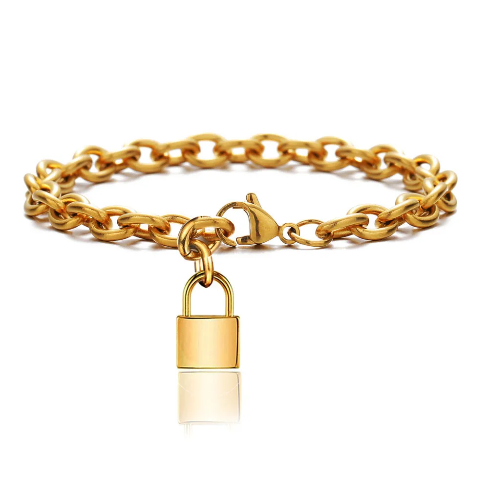 MinaMaMa Stainless Steel Chain Lock Charm Bracelet For Women Hip Hop Padlock Bracelets Jewelry Gifts