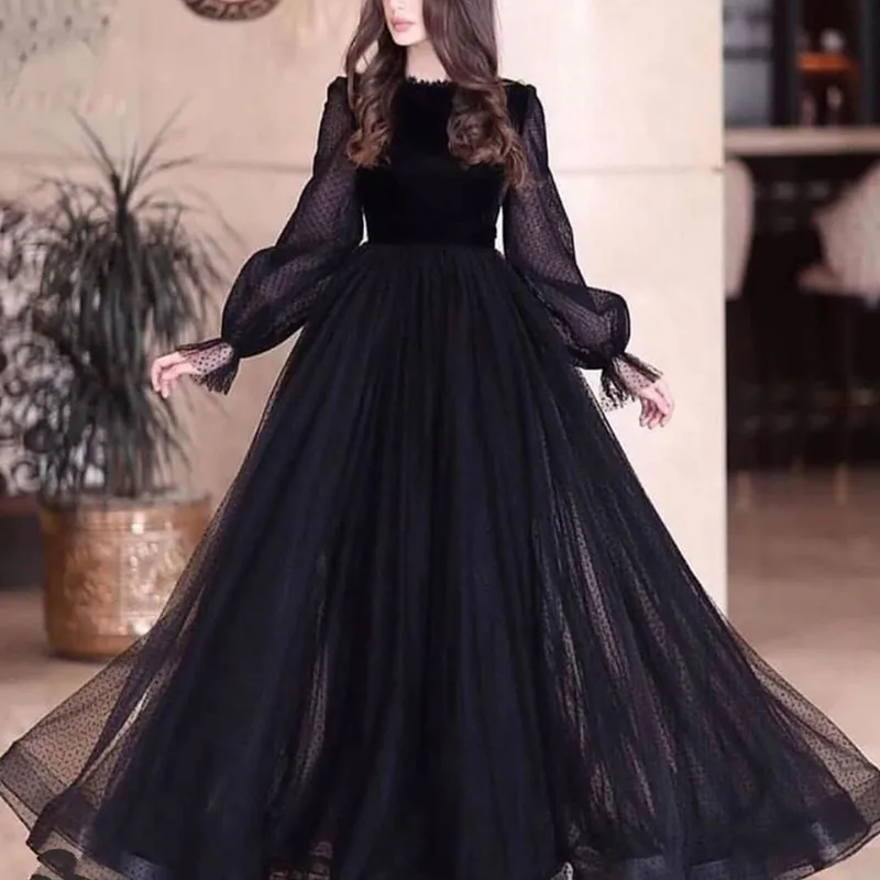 Nova colher manga longa vestidos de noite 2025 preto dubai arábia muçulmano feminino rendas baile de formatura vestido de festa personalizado