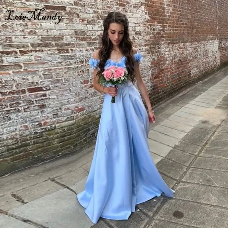 Światło Baby Blue długie sukienki balowe 2021 Sexy Off The sukienka na ramiona kobieta nocna impreza z kwiaty formalne Vestidos de gala