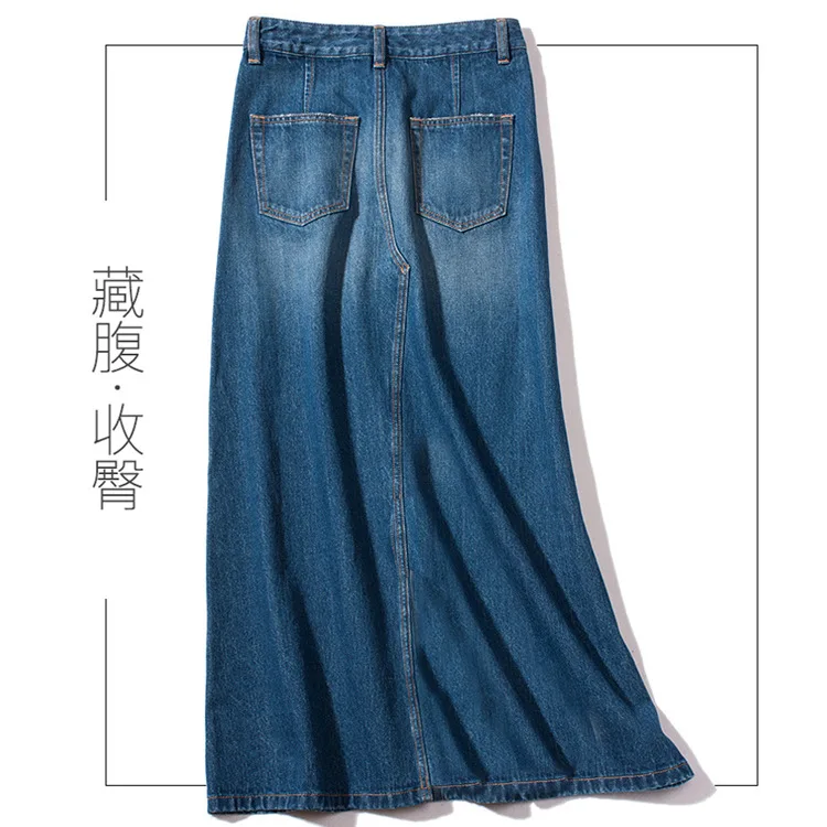 Fashion Denim Skirt Dark Blue Women Autumn Casual High Waist Denim Skirts A Line Slim Jean Maxi Long Skirt