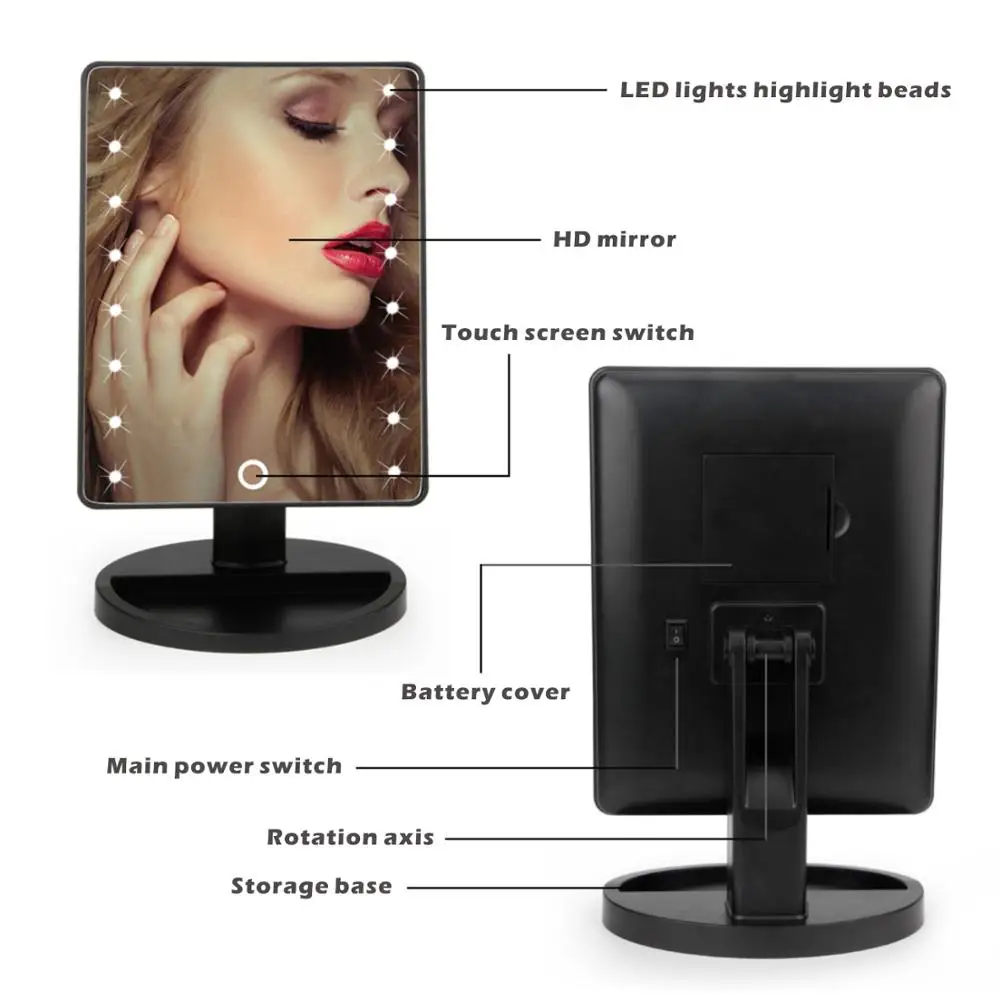 LED Makeup Mirror Illuminated Battery Operated Stand for Tabletop Bathroom Bedroom Travel Touch Dimmer Switch Cosmetic Mirror