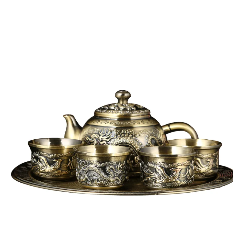 

Chinese Style 6pcs/Set Decroative Bronze Color Metal Tea Sets Tea Cup Set Of 6 Teapot Set For Home Decroation CJ002