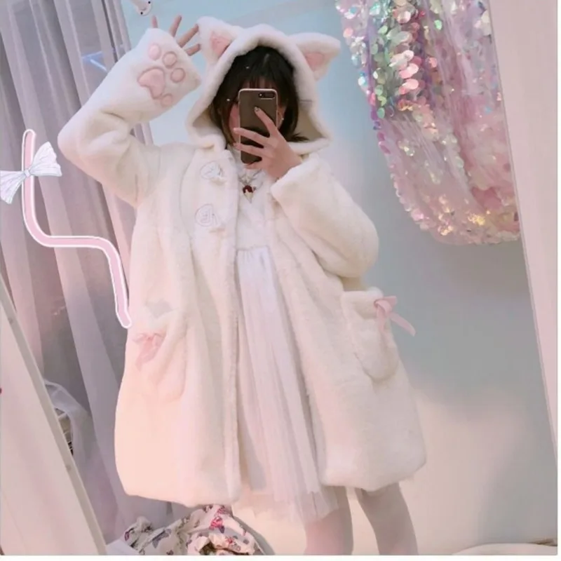 Winter Jacket Women Lolita Fleece-lined Thickened Girl Soft Fabric Kawaii Cat Ear Hat Claw Cute Plush White Coat Youthful Parka