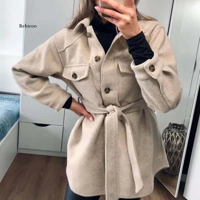 

Vintage Woman Loose Sashes Woolen Coats Chic Female Autumn Soft Turndown Collar Outwear Ladies Elegant Pockets Jackets