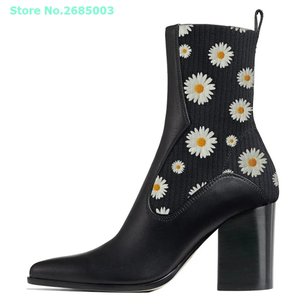 Flowers Print Block Heel Boots Pointed Toe Patchwork Ankle Slip On Leather Short Boots Women Spring Autume Shoes Party Dress