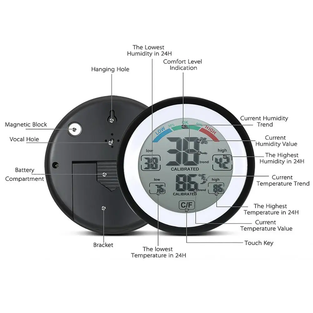 Digital Thermometer Round Touch Screen Home Hygrometer multi-functional LCD Digital Thermometer for Home Car Office ABS