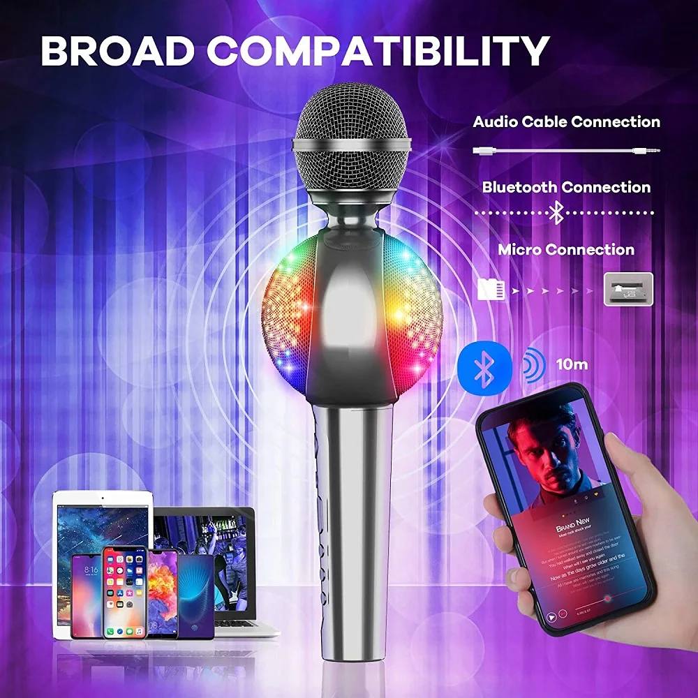 GOODAAA-Micrófono de Karaoke Bluetooth para teléfono, inalámbrico, portátil, de mano, altavoz con luz LED, máquina de canto de sonido mágico