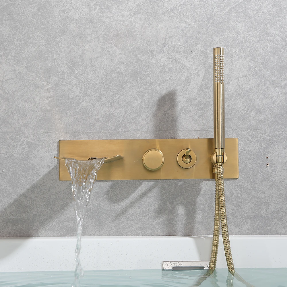 Bathroom wall mounted plumbing fixtures brushed gold / black concealed bathtub faucet hot cold water mixer with handheld shower