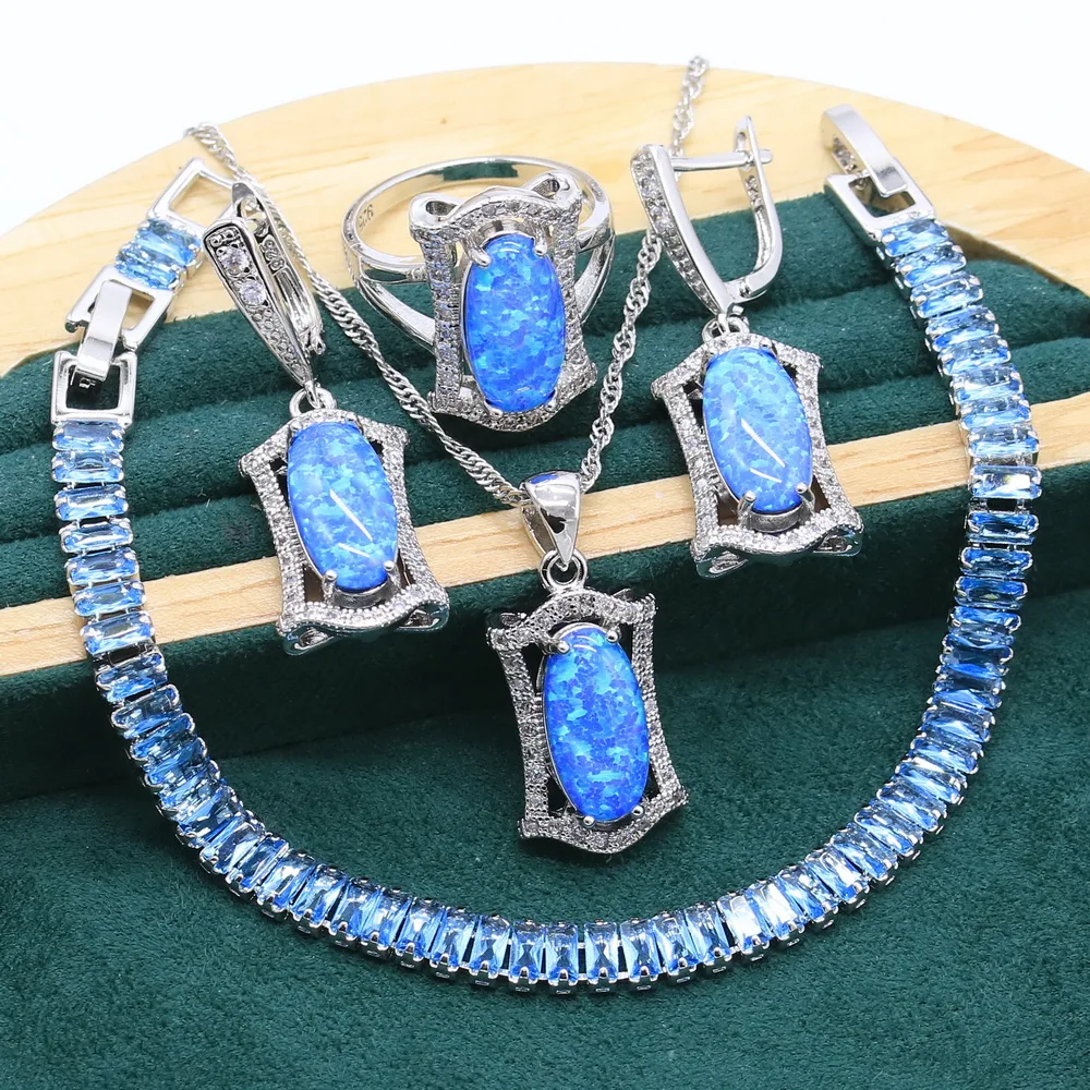 

New Arrivals Blue Opal 925 Sterling Silver Jewelry set for Women Bracelet Earrings Necklace pendant Ring Christmas Gift