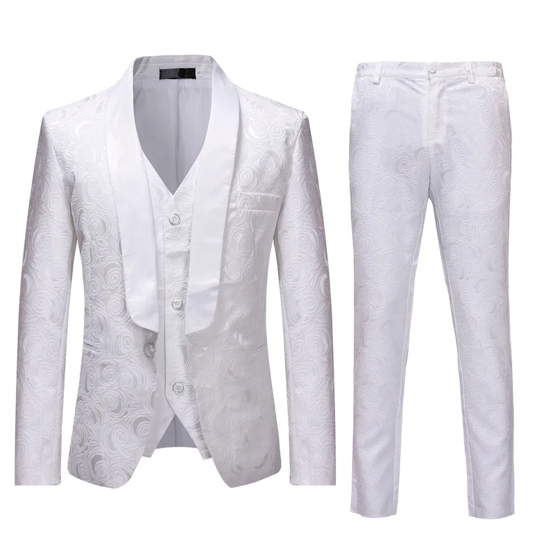 

Mens 3 Pieces Suits ( Blazer+Vest+Pants) 2021 Fashion White Rose Jacquard One Button Suit Men Party Business Dress Suit for Men