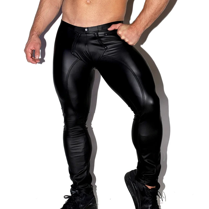 Sexy Men Faux Leather Pants Erotic Novelty Crotchless Buttons Trousers Elastic Lingerie Black Tight Wetlook Gay Fetish Pants 2XL