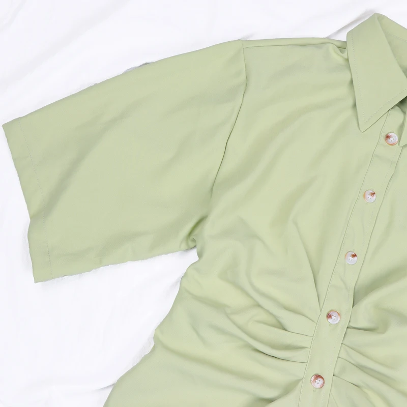 Robe boutonnée à manches courtes pour femmes, robe d'été décontractée, vert, monochromatique, chemise chic, fermeture à glissière latérale, mode féminine