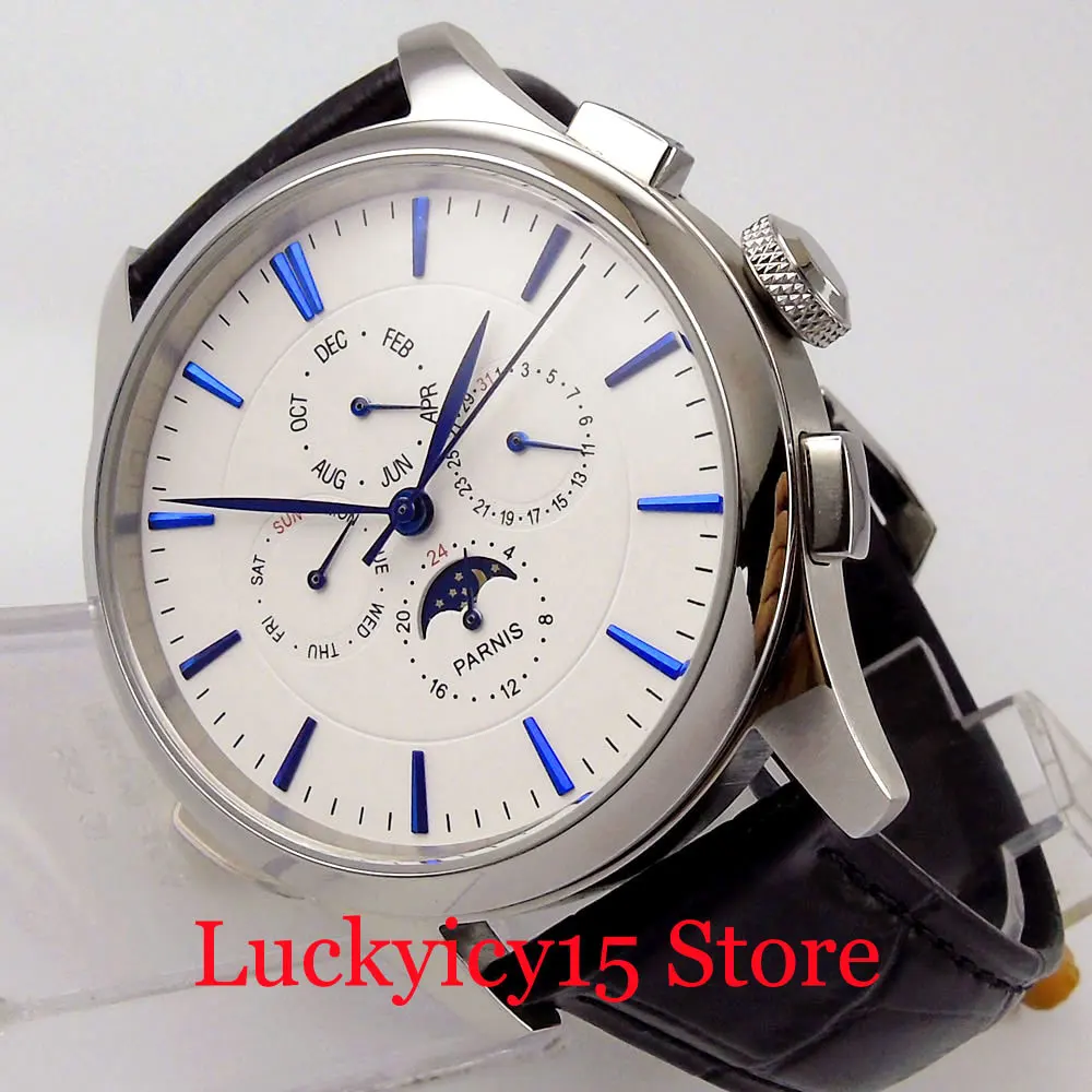 PARNIS Multifunctional Automatic Men Watch Date Week Month Function Polished Case Automatic Movement Leather Band