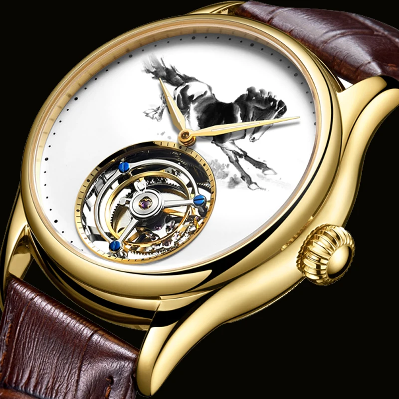 Aesop Luxury Flying Tourbillon Mechanical Mens Watch Sapphire Watches for Men Ink Painting Horse Dial Casual Wristwatches 7010