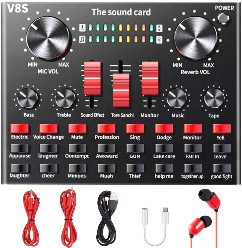 

Live Sound Card, Voice Changer with Multiple Sound Effects, V8S Sound Mixer for Live Broadcasting Karaoke Singing Recording Gami