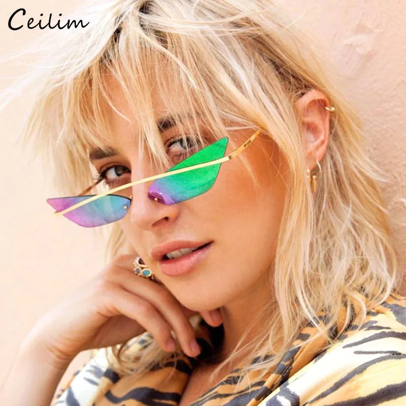 

Luxury Small Frame Triangle Cat Eye Sunglasses Women Brand Design 2024 Cool Red Black Rimless Sun Glasses Unique Cateye Shades