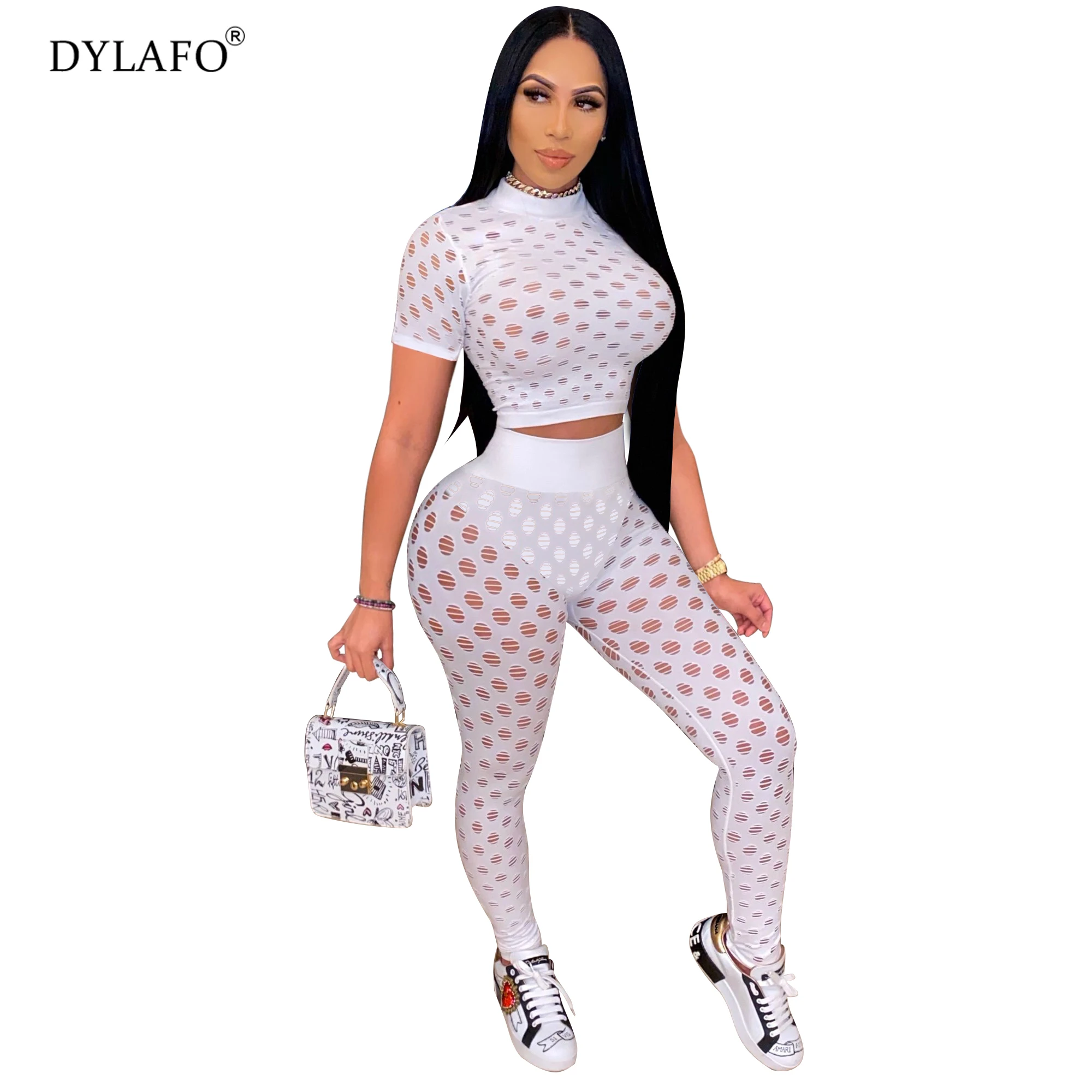 Sexy Mesh Sheer Two Piece Set Short Sleeve T Shirt Top Biker Pants for Women Summer Club Outfits Sexy Matching Sets 2021 New