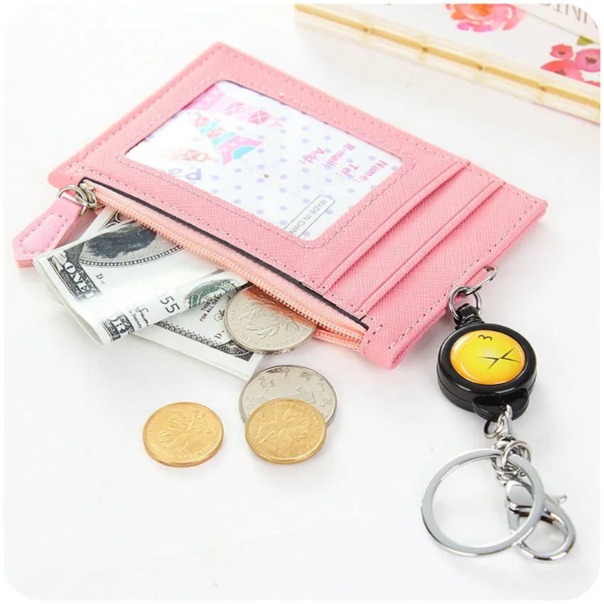 Leather Badge Holder with Zipper, ID Card Holder Wallet, Retractable Reel, 1 ID Window, 4 Card Holder Slots, 1 Side Pocket