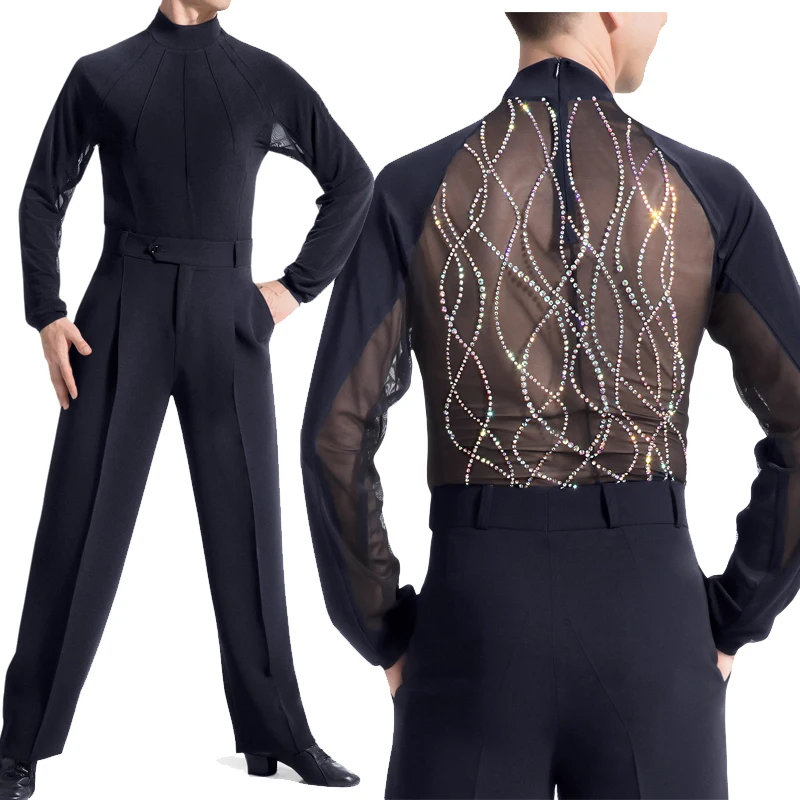 Latin Dance Top Male Perspective Mesh Shiny Rhinestones Competition Wear Tango Salsa Cha Cha Men Performance Clothes DNV13578