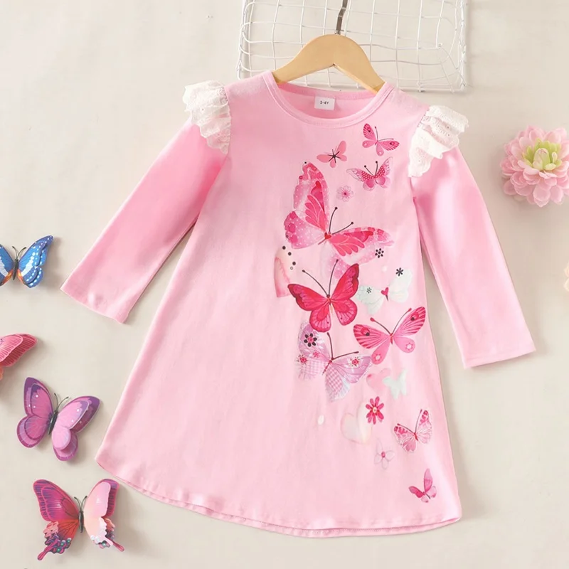 Kids Clothes Spring Fall Cotton Pretty Butterfly Print Lace Long Sleeve Girls Dress Children Clothes Kids Dresses for Girls 1-6Y