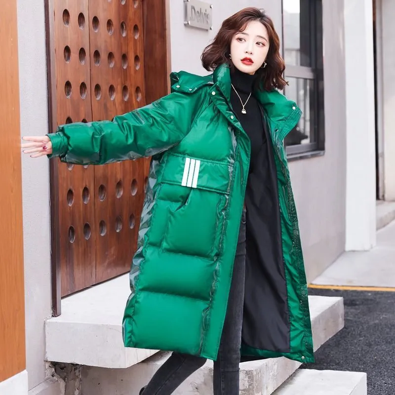 

Green 90% White Duck Down Jacket Women's Streetwear 2023 Korean Loose Hooded Down Coat Thicken Warm Female Long Parkas Outwear