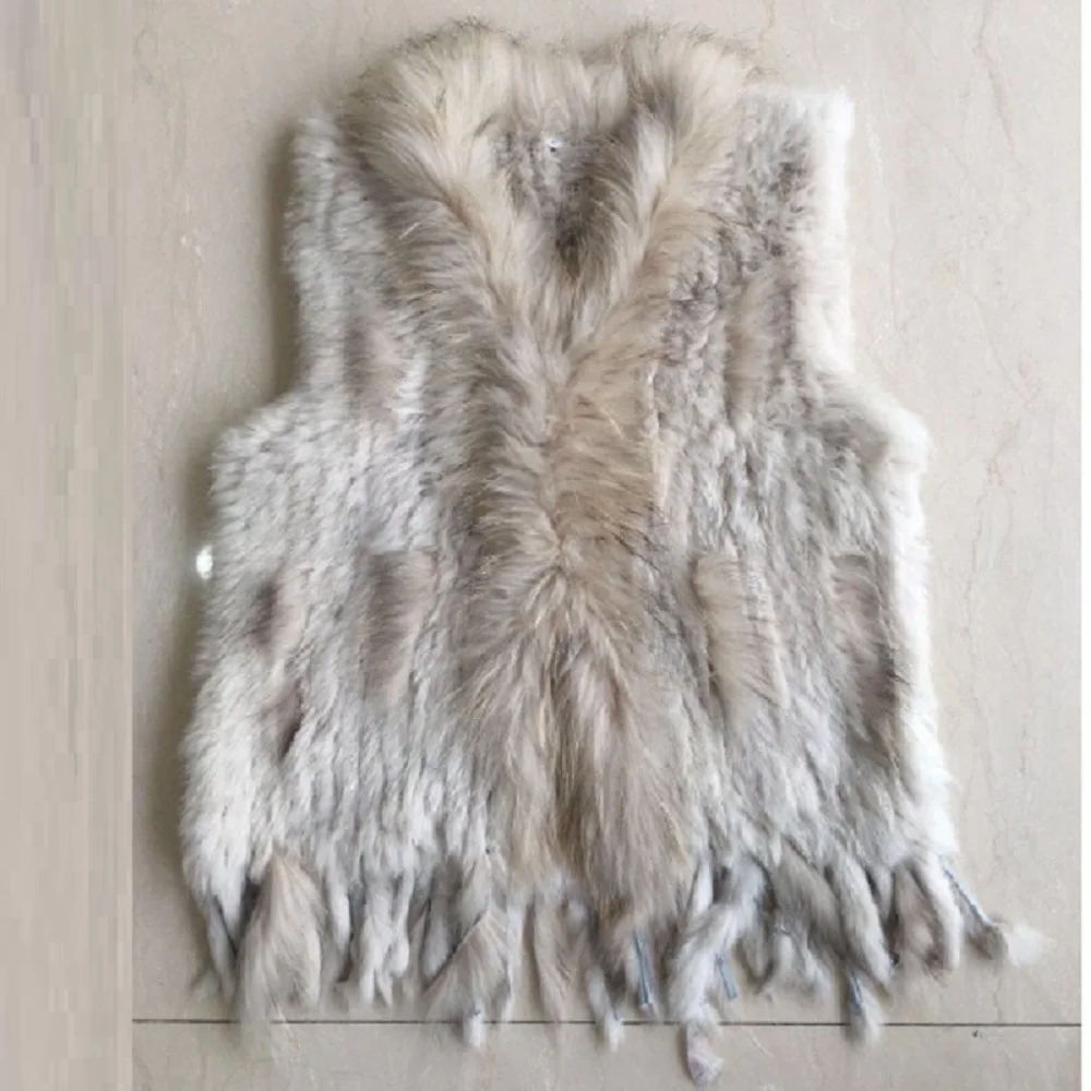 

raccoon dog fur collar trim women knitted natural rabbit fur vest gilet/waistcoat high quality hot sale retail/wholesale