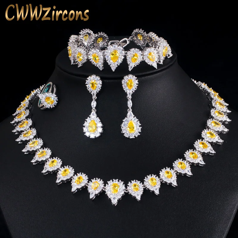 CWWZircons 4 pcs Luxury Shiny Yellow Cubic Zircon Stone Women Party Wedding Costume Jewelry Set for Brides Accessories T436