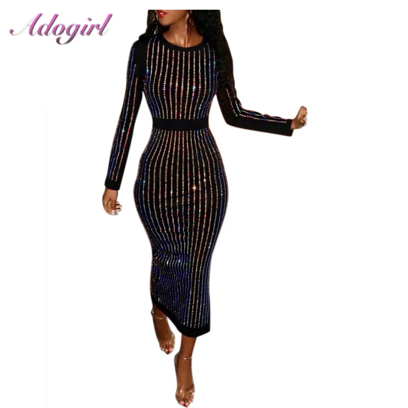 

Elegant Shining Diamonds Striped Bodycon Long Dress Women Sexy Evening Party Nightclub Dresses Autumn Winter Vintage Vestidos