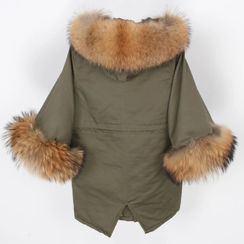 2024 MAOMAOKONG Otoño e Invierno nuevo estilo cuello de piel de mapache abrigo casual verde manga trompeta capa Chaqueta de algodón Mujer