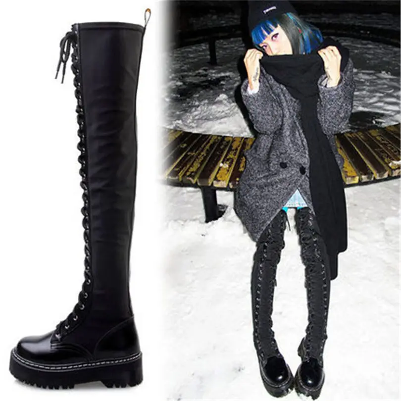 Plus Size Shoes Women Lace Up High Platform Over Knee Boots Thigh High Chunky Oxfords Cosplay Round Toe Stretchy Booties Gothic