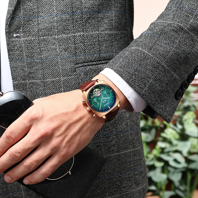 ساعة AILANG بتصميم أصلي للرجال أوتوماتيكية ميكانيكية مقاومة للماء بتقويم مجوف وحزام جلدي أنيق للأعمال