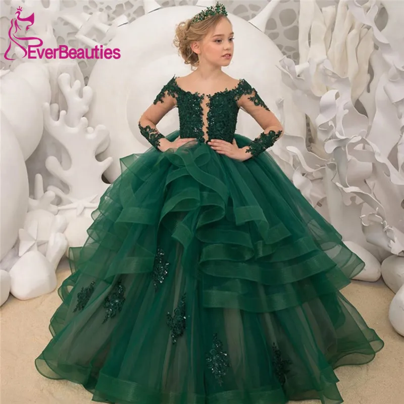 Communion Dresses Luxury Green Lace Flower Girls Dresses 2020 Sheer Long Sleeves Appliques Beads Tiered Ball Gown Pageant Dress