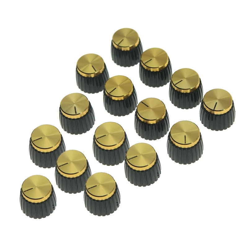 15Pcs Guitar AMP Amplifier Push on Fit Knobs Black with Gold Aluminum Cap Top Fits 6Mm Diameter Pots Marshall Amplifiers