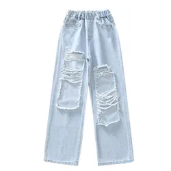 Kids Girls Children Pants Fashion Loose Ripped Jeans Elastic Waistband Pockets Wide Leg Distressed Denim Pants for Daily Wear