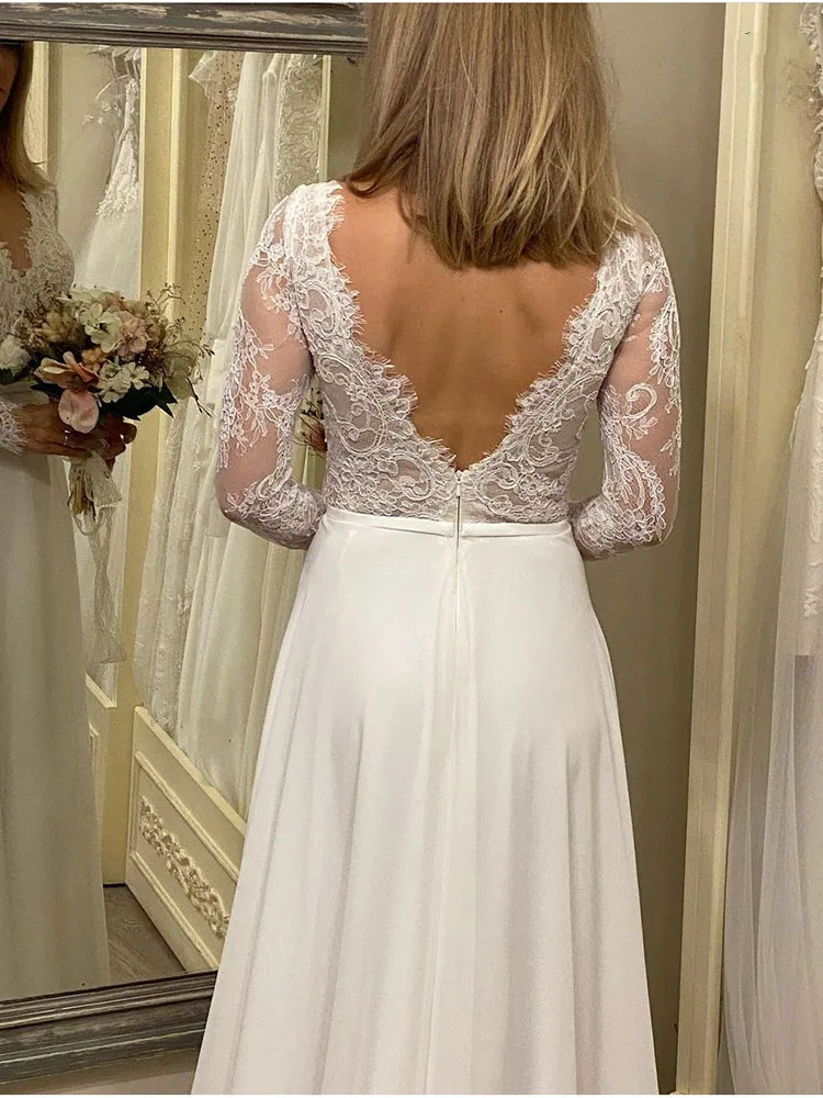 Sexy V-Neck Lace Wedding Dresses 2021 White Court Train Full Sleeve  A-Line Backless Bride Robe De Mariée Custom Made For Female