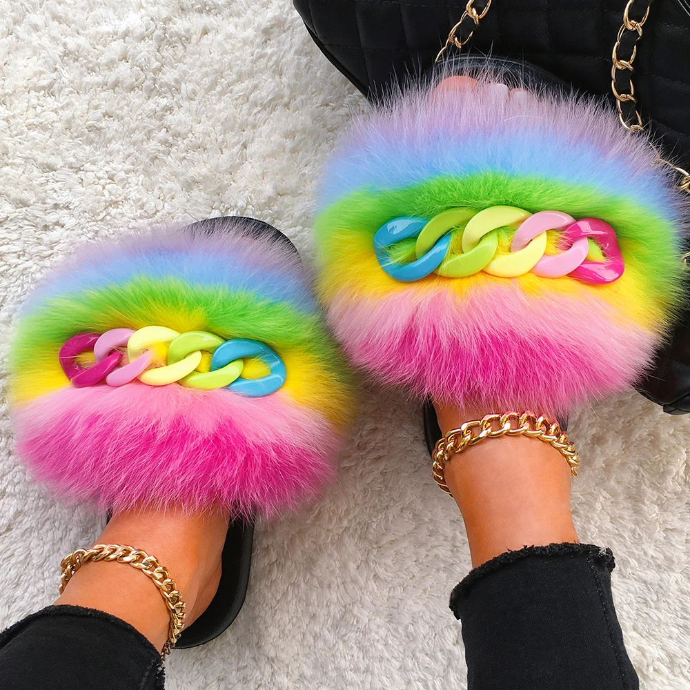 Real Fox Fur Slippers Fluffy Flip Flops Shiny Chain Furry Fur Slides Plush House Slippers Women Beach Flat Sandals Summer Shoes