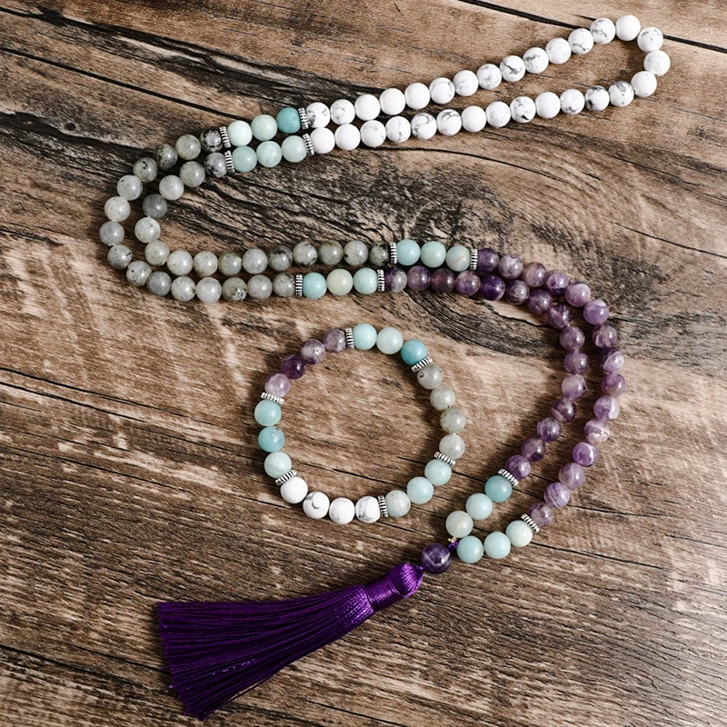 

8mm Amethyst Howlite Pure Amazonite Labradorite Beaded Mala Necklace Meditation Yoga 108 Japamala Jewelry Bracelet Sets