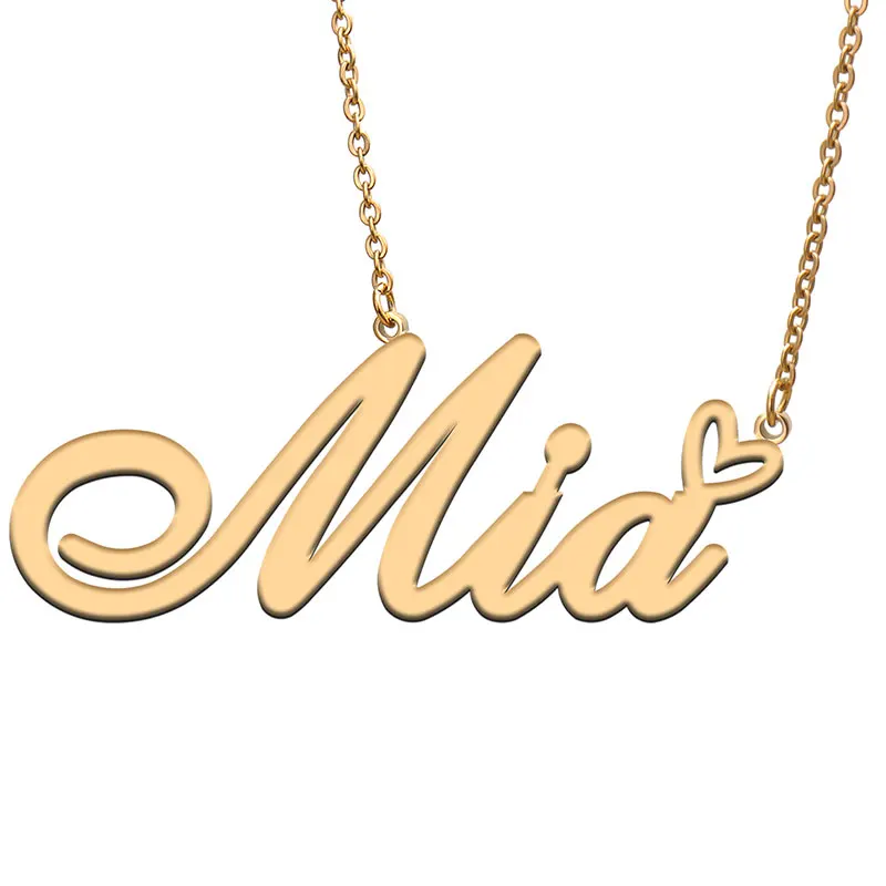 Mia Name with Love Heart Necklace for Women Stainless Steel Jewelry Nameplate Pendant Femme Mother Child Girls Gift