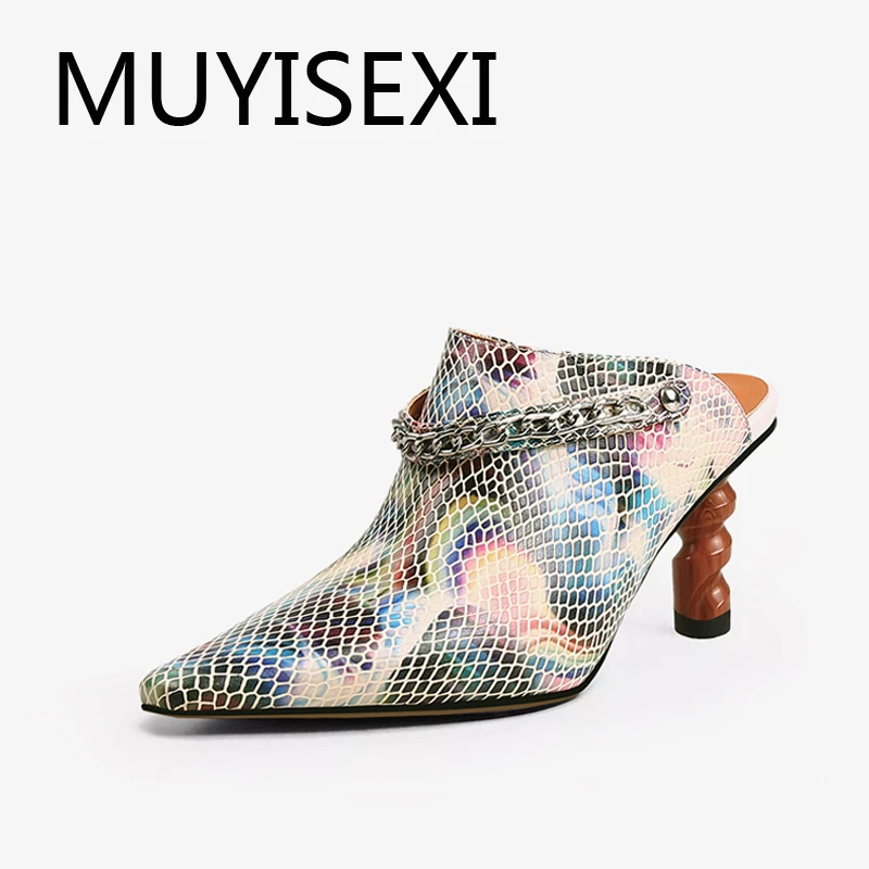 

Mules women fashion genuine leather 7.5cm high heel mixed color slip on sexy party office lady shoes slipper HL215 MUYISEXI