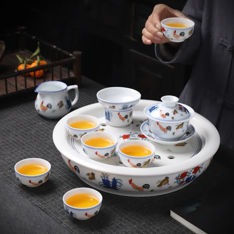 YI CC Chenghua Doucai Chicken Mug Cup Tea Set Tea Tray Set Home Creative Handmade Teapot Cover Bowl Teacup Kung Fu Tea Set