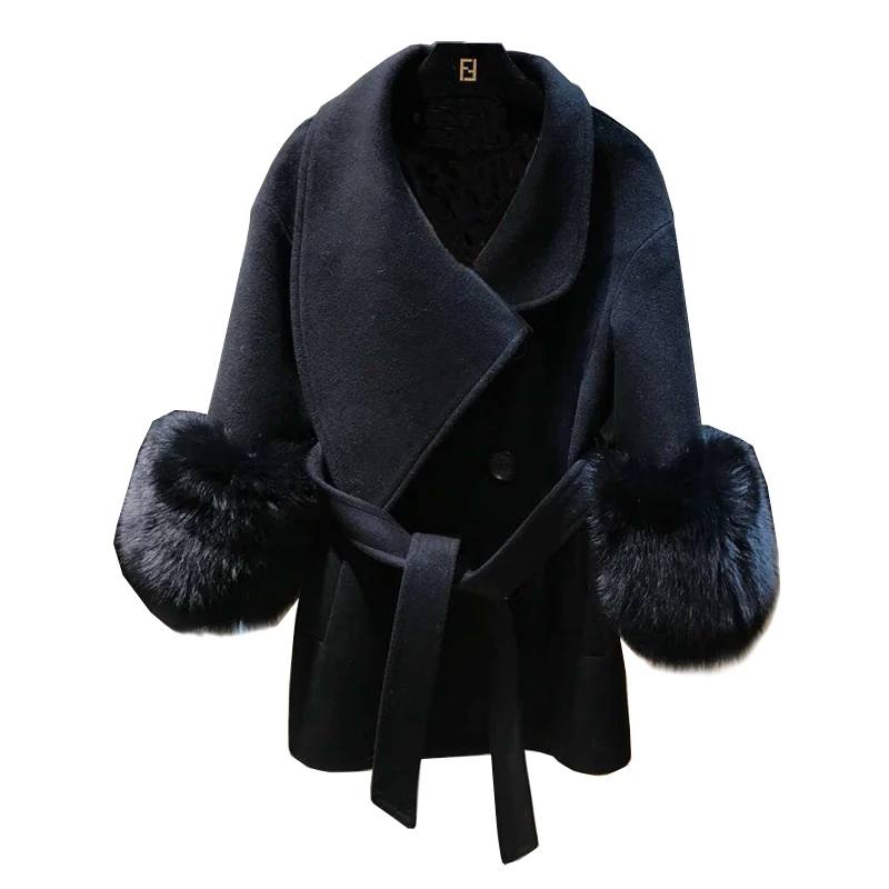 Genuine Fox Fur Women High Quality Double Faced Wool Cashmere Coat Irregular Sleeve Black Color 2019 Female Winter Woolen Coat