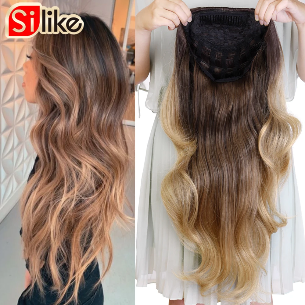 Silike-peluca media sintética para mujer, pelo largo Rubio de Color degradado, alta temperatura, sin pegamento, para Cosplay, 3/4