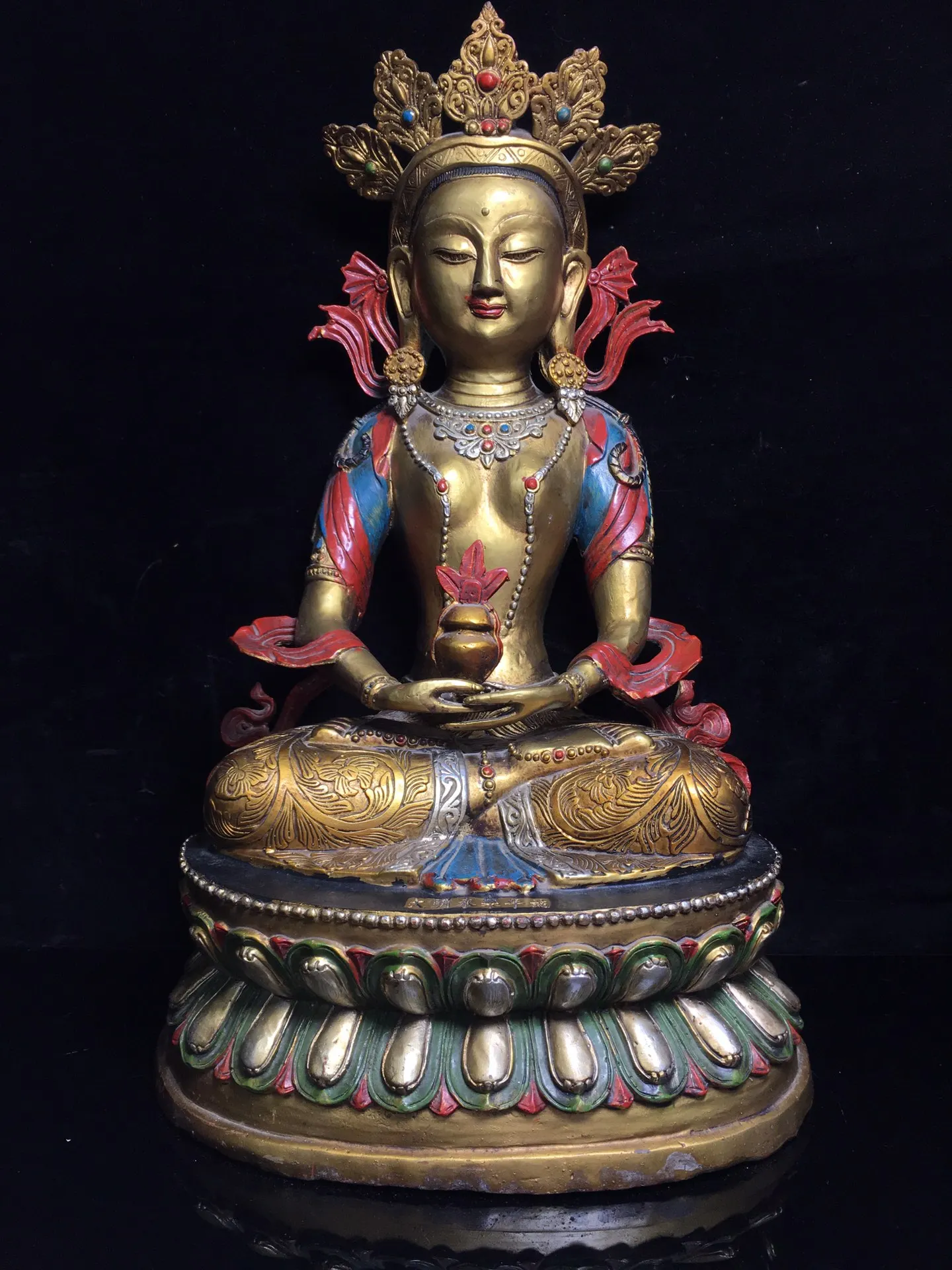 

19"Tibet temple Old Bronze Lacquer Painted Longevity Buddha Guanyin statue Sitting on the lotus platform Enshrine the Buddha