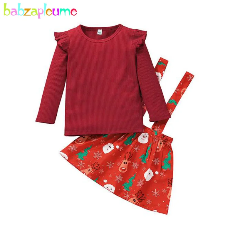 

2Piece Fall Baby Christmas Outfit Red Long Sleeve Cotton Kids T-shirt+Cartoon Cute Skirt+Headband Infant Girl Clothes Set BC2122