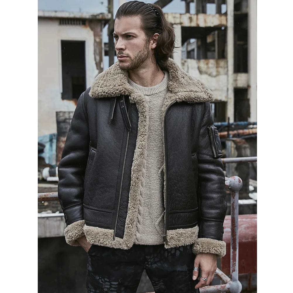 

2019 New Mens B3 Shearling Jacket Sheepskin Coat Short Motorcycle Leather Jacket Winter Mens Fur Coat