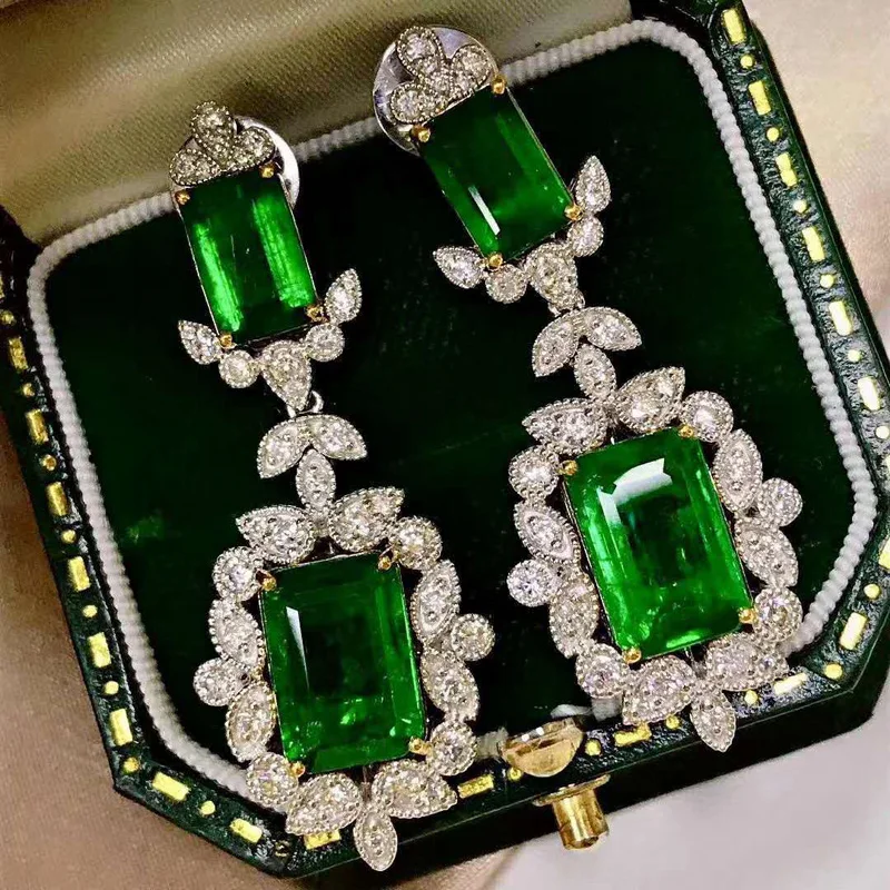 

KOFSAC New Luxury Green Crystal Shiny Full Zircon Earrings For Women 925 Sterling Silver Jewelry Earring Lady Party Accessories